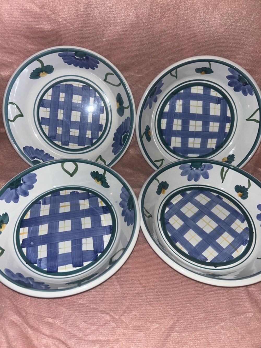 Caleca Italy Hand-Painted Blue Floral & Check Ceramic Bowls - Set of 4